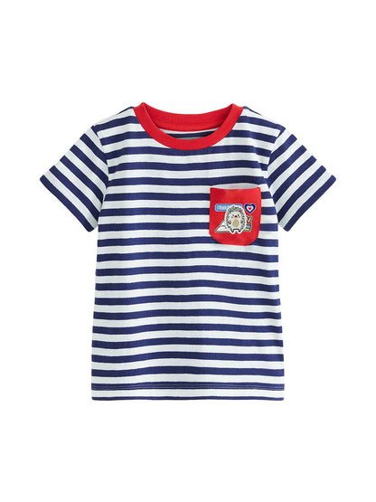 Hedgehog Cartoon Pattern Kids Girls Striped T-Shirt In European And American Style For Summer