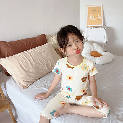 Summer Baby Kids Girls Flowers Pattern Short Sleeves T-Shirt And Shorts Casual Home Clothing Set