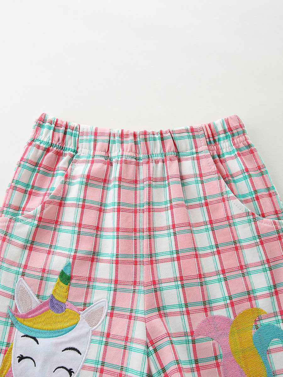 Arrival Summer Baby Kids Girls Short Sleeves Cartoon Pattern T-shirt and Plaid Shorts Clothing Set