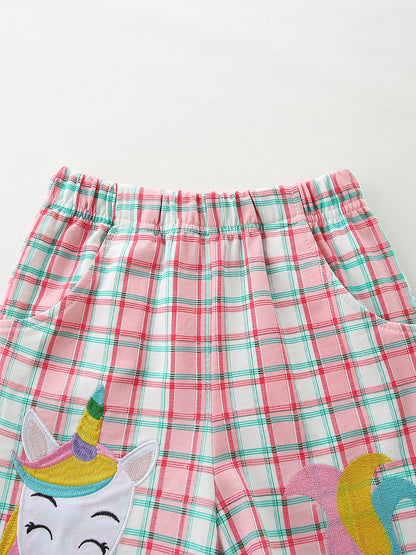 Arrival Summer Baby Kids Girls Short Sleeves Cartoon Pattern T-shirt and Plaid Shorts Clothing Set