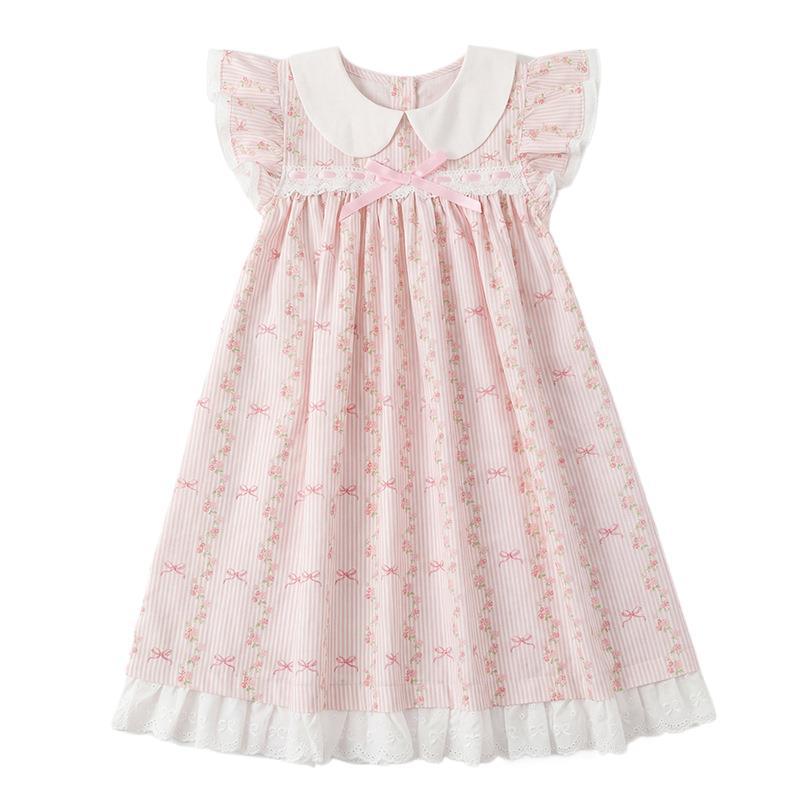Summer New Arrival Baby Girls Fly Sleeves Flowers and Striped Pattern Dress, MyKids-USA®, Baby & Children's Dresses, MyKids-USA® - Size/Age - 90 (12-24M) - Color - Pink -  -  - TR2605022243-A.