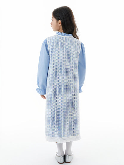 Arrival Autumn Kids Girls Long Sleeves Solid Color Blue Dress and Hollow-out Vest Clothing Set