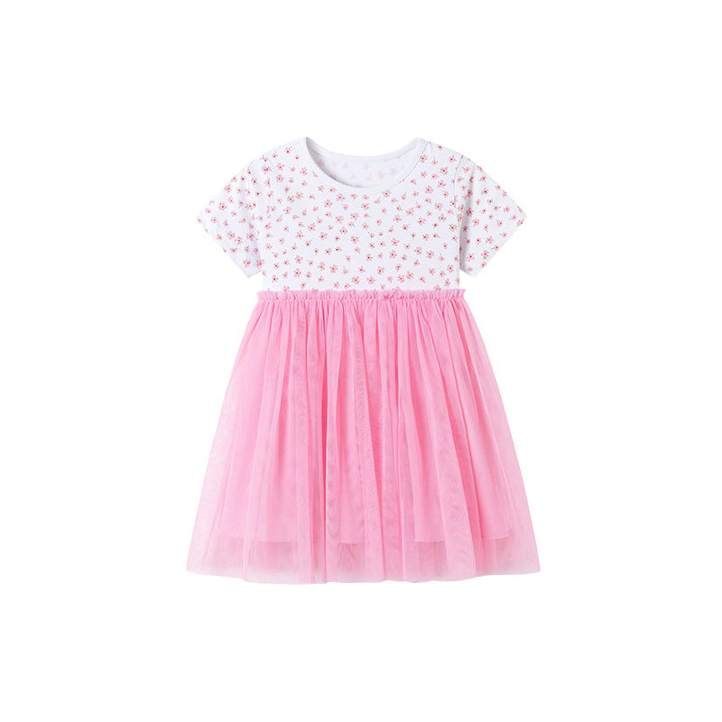 Summer Arrival Floral Pattern Short Sleeves Tulle Patchwork Dress for Stylish Girls, MyKids-USA®, Baby & Toddler Dresses, MyKids-USA - Size/Age - 90 (12-24M) - Color - Pink -  -  - TR2602011352-A.