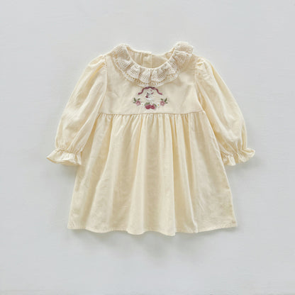 Arrival Autumn Girls Simple Cartoon Embroidery Pattern Long Sleeves Hollow-out Collar Dress, MyKids-USA®, Baby & Toddler Dresses, MyKids-USA - Size/Age - 90 (12-24M) - Color - Beige -  -  - TR2409100934-A