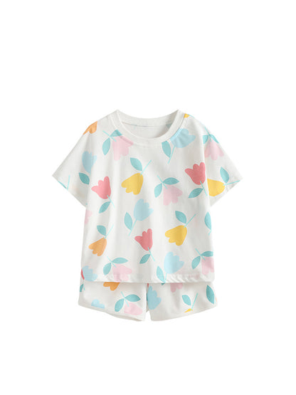 Arrival Summer Baby Kids Girls Short Sleeves Flowers Pattern Top and Shorts Clothing Set