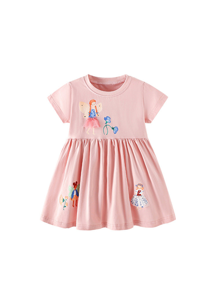 Summer Baby Kids Girls Short Sleeves Flowers and Cartoon Pattern Dress