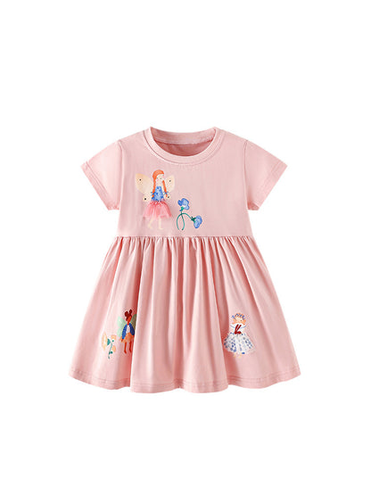 Summer Baby Kids Girls Short Sleeves Flowers and Cartoon Pattern Dress