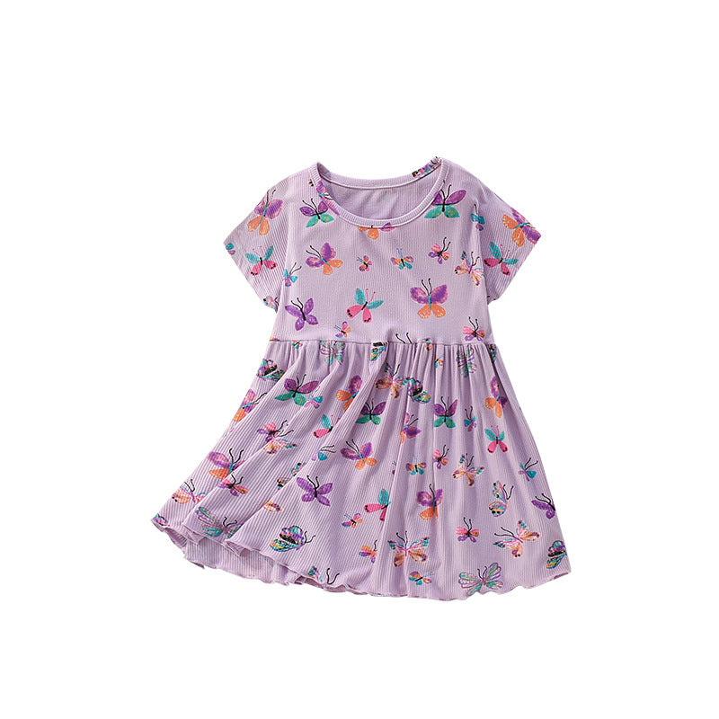 Summer Arrival Butterfly Pattern Short Sleeves Dress for Stylish Girls, MyKids-USA®, Baby & Toddler Dresses, MyKids-USA - Size/Age - 100 (2-3Y) - Color - Purple -  -  - TR2505152352-A
