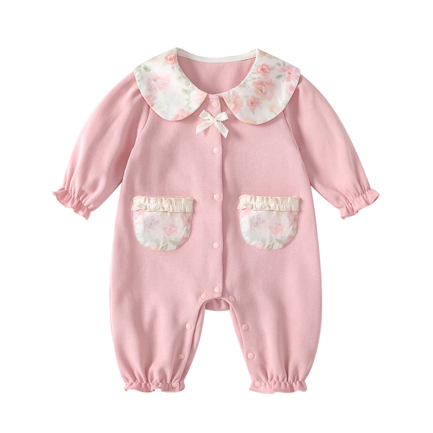 Arrival Spring Baby Girls Pink Single Breasted Long Sleeves Rompers with Floral Pattern Collar, MyKids-USA®, Baby One-Pieces, MyKids-USA -  -  -  -  -  -  - .
