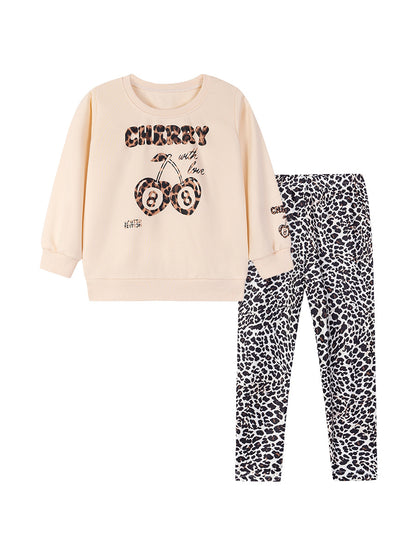 Spring and Autumn Girls Cherry and Letters Pattern Long Sleeves Top and Leopard Pants Clothing Set, MyKids-USA®, Outfit Sets, MyKids-USA -  -  -  -  -  -  - 