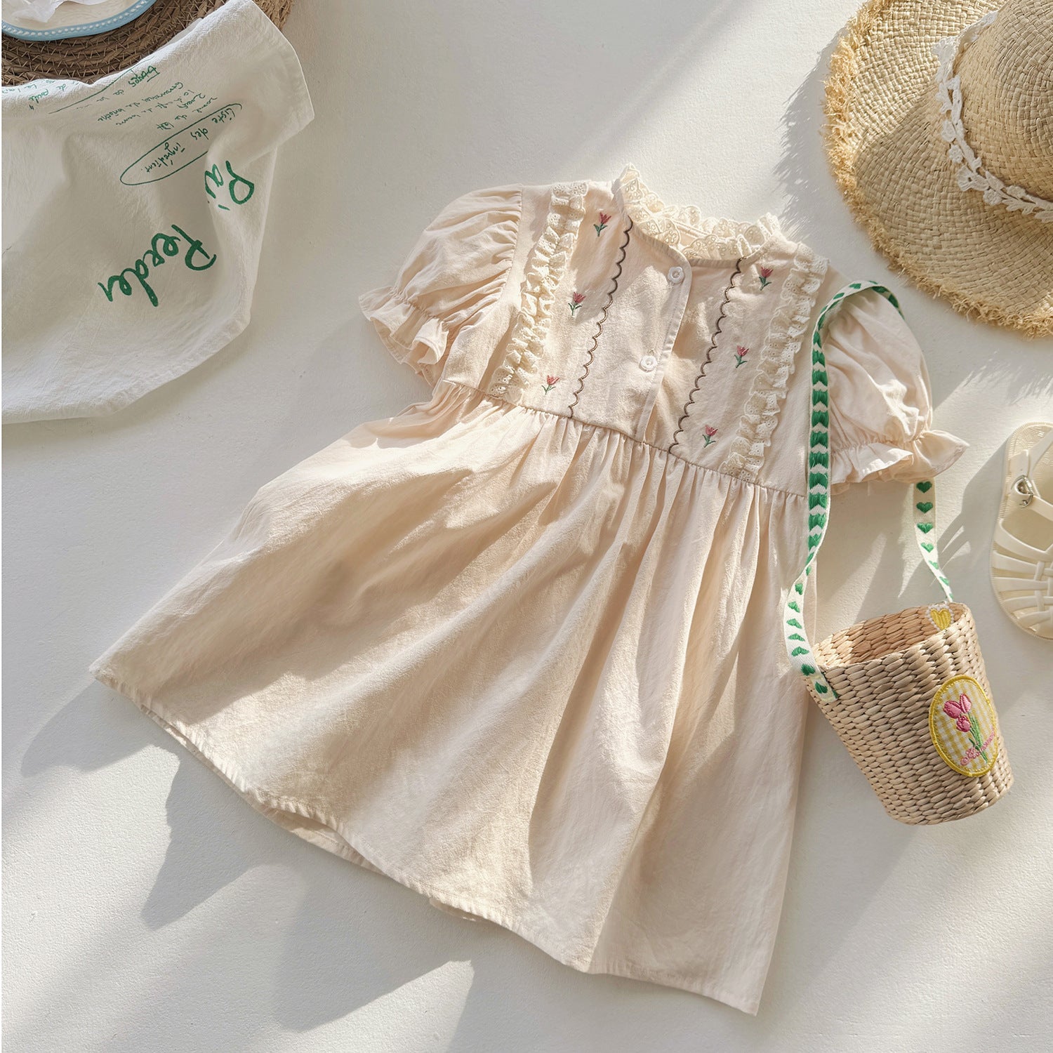 Summer Arrival Baby Kids Girls Cute Short Sleeves Flowers Pattern Embroidered Dress - 90 (12-24M) / Apricot Summer Arrival Baby Kids Girls Cute Short Sleeves Flowers Pattern Embroidered Dress - 90 (12-24M) / Apricot