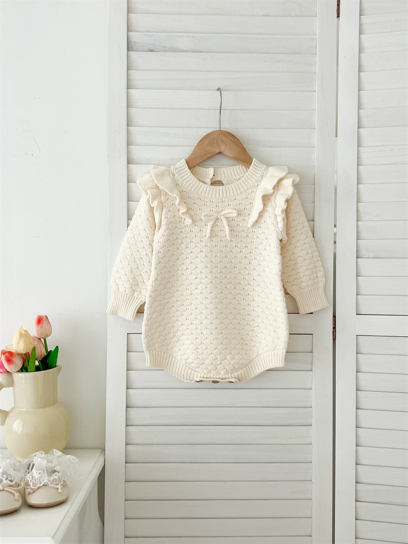 Autumn Arrival Baby Girls Long Sleeves Geomatric Design Solid Color Crew Neck Knitted Onesies, MyKids-USA®, Baby One-Pieces, MyKids-USA - Size/Age - 66 (3-6M) - Color - White -  -  - TR2409061054-B