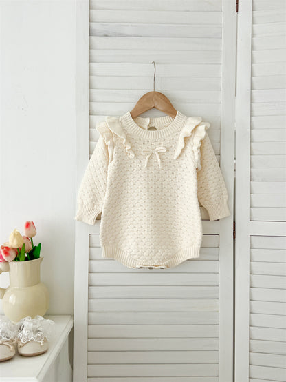 Autumn Arrival Baby Girls Long Sleeves Geomatric Design Solid Color Crew Neck Knitted Onesies, MyKids-USA®, Baby One-Pieces, MyKids-USA - Size/Age - 66 (3-6M) - Color - White -  -  - TR2409061054-B