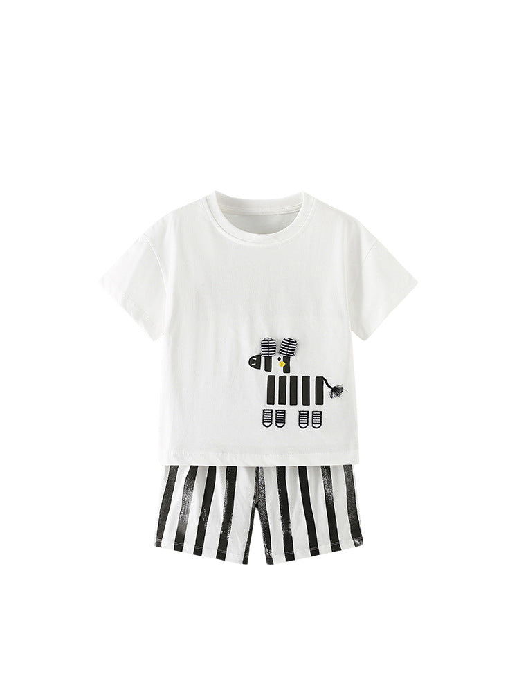 Arrival Summer Baby Kids Boys Short Sleeves Cartoon Pattern T-shirt and Striped Shorts Clothing Set