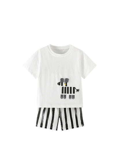 Arrival Summer Baby Kids Boys Short Sleeves Cartoon Pattern T-shirt and Striped Shorts Clothing Set