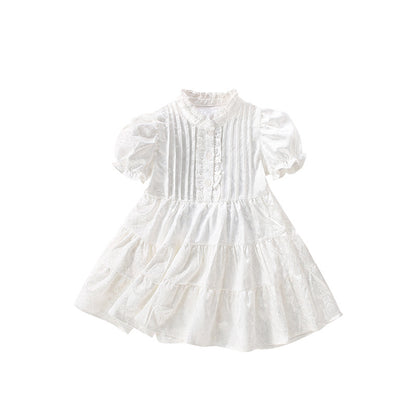 Summer Arrival Solid Color Flowers Pattern Short Sleeves Dress with Ruffle Neck for Stylish Girls, MyKids-USA®, Baby & Toddler Dresses, MyKids-USA - Size/Age - 100 (2-3Y) - Color - White -  -  - TR2506231914-A