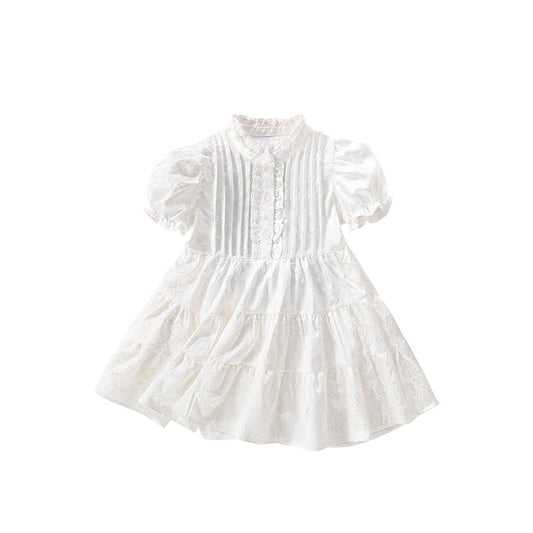 Summer Arrival Solid Color Flowers Pattern Short Sleeves Dress with Ruffle Neck for Stylish Girls, MyKids-USA®, Baby & Toddler Dresses, MyKids-USA - Size/Age - 100 (2-3Y) - Color - White -  -  - TR2506231914-A