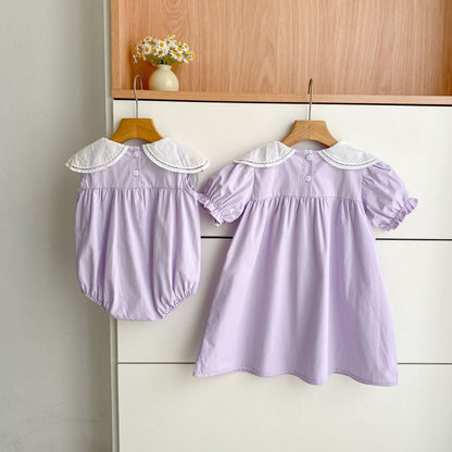 Design Summer Girls Hollow Out Flower Collar Sleeveless Bodysuit and Short Sleeves Dress – Sister Matching Clothing Set