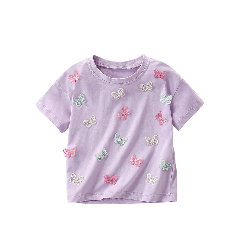 Summer Girls’ Butterfly Pattern Decorated T-shirt in European and American Style, MyKids-USA®, Baby & Toddler Tops, MyKids-USA - Size/Age - 100 (2-3Y) - Color - Purple -  -  - TR2505131925-A