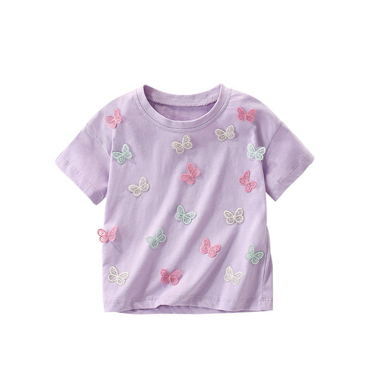 Summer Girls’ Butterfly Pattern Decorated T-shirt in European and American Style, MyKids-USA®, Baby & Toddler Tops, MyKids-USA - Size/Age - 100 (2-3Y) - Color - Purple -  -  - TR2505131925-A