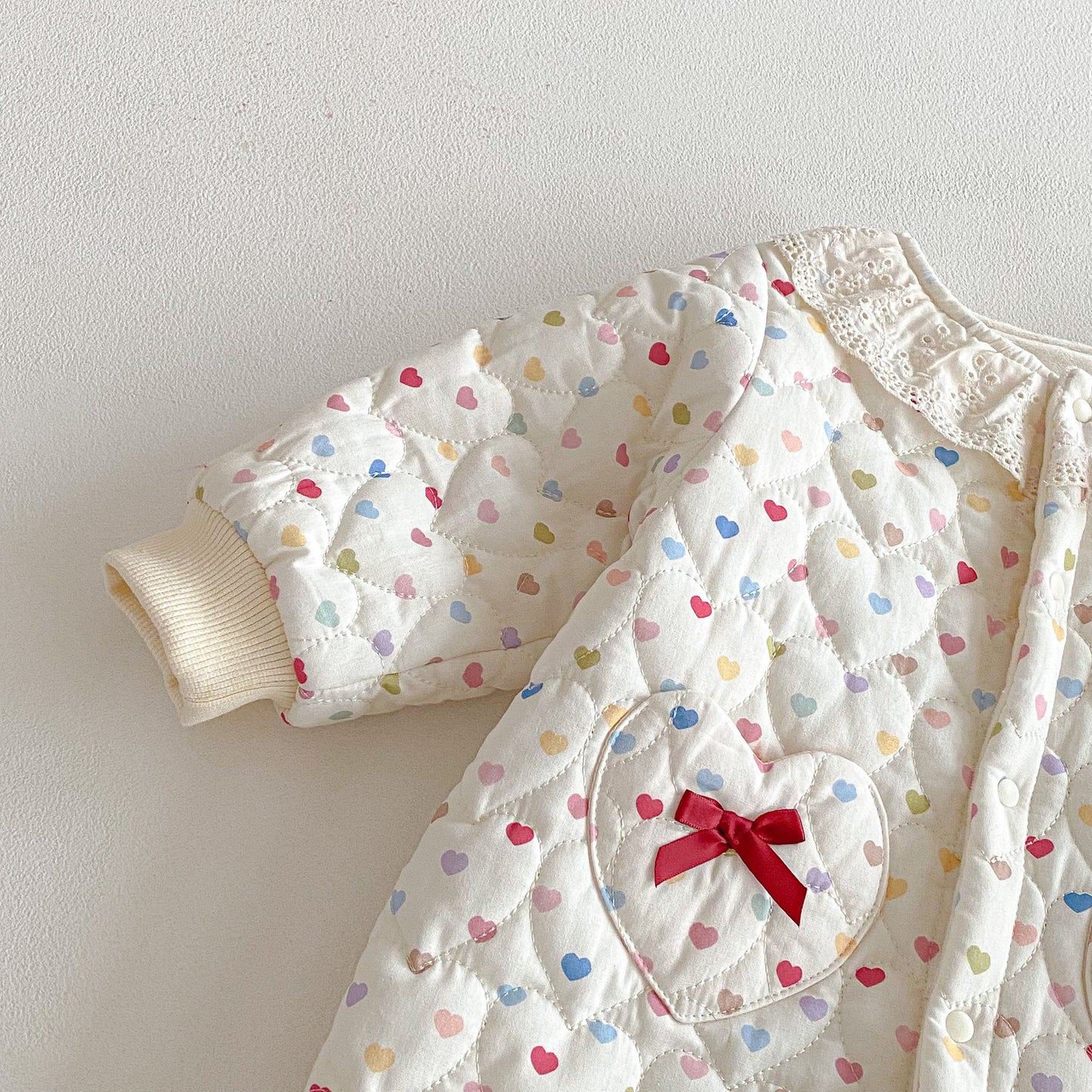 Winter Arrival Baby Girls Long Sleeves Hearts Pattern Fleece-Lined Rompers