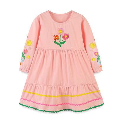 Adorable Floral Embroidered Dress: A Sweet Round Neck Princess Dress For Girls