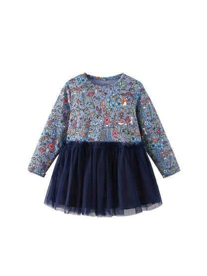 MyKids-USA® Autumn Tulle Patchwork Baby Kids Girls Princess Floral Long Sleeves Dress