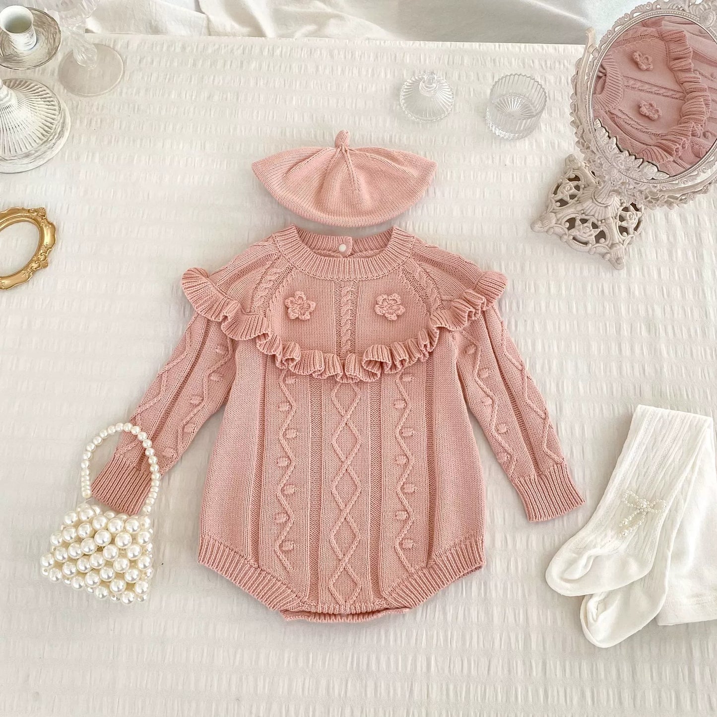Autumn Arrival Baby Girls Knitted Long Sleeves Geometric Jacquard Pattern Onesies, MyKids-USA®, Baby One-Pieces, MyKids-USA - Size/Age - 66 (3-6M) - Color - Pink -  -  - TR2508191938-B