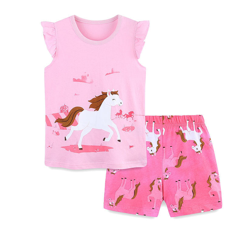Summer Baby Kids Cartoon Horse Pattern Vest and Shorts Clothing Set for Girls, MyKids-USA®, Baby & Toddler Outfits, MyKids-USA - Size/Age - 90 (12-24M) - Color - Pink -  -  - TR2504292047-A
