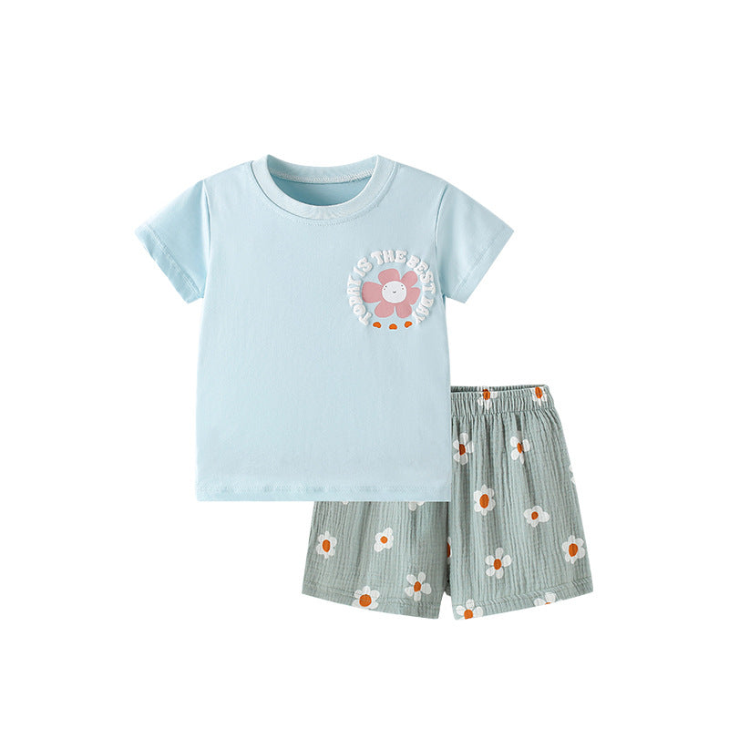 Summer Baby Kids Casual Flowers and Letters Cartoon Pattern T-shirt and Shorts Clothing Set for Girls, MyKids-USA®, Baby & Toddler Outfits, MyKids-USA - Size/Age - 100 (2-3Y) - Color - Blue -  -  - TR2505261914-A