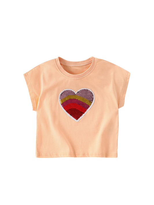 Girls’ Sequin Heart Pattern Short Sleeves T-Shirt In European And American Style For Summer