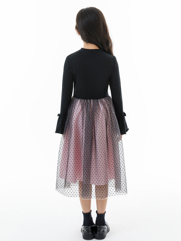 Autumn Arrival Long Sleeves Color Patchwork Dots Pattern Tulle Dress for Stylish Girls
