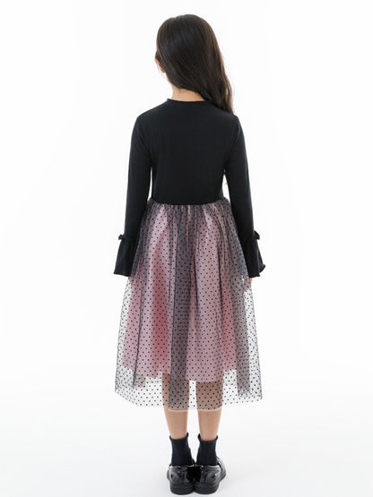 Autumn Arrival Long Sleeves Color Patchwork Dots Pattern Tulle Dress for Stylish Girls