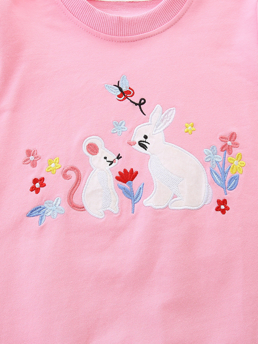 Autumn and Spring Arrival Rabbits Cartoon Pattern Long Sleeves Pullover for Stylish Girls