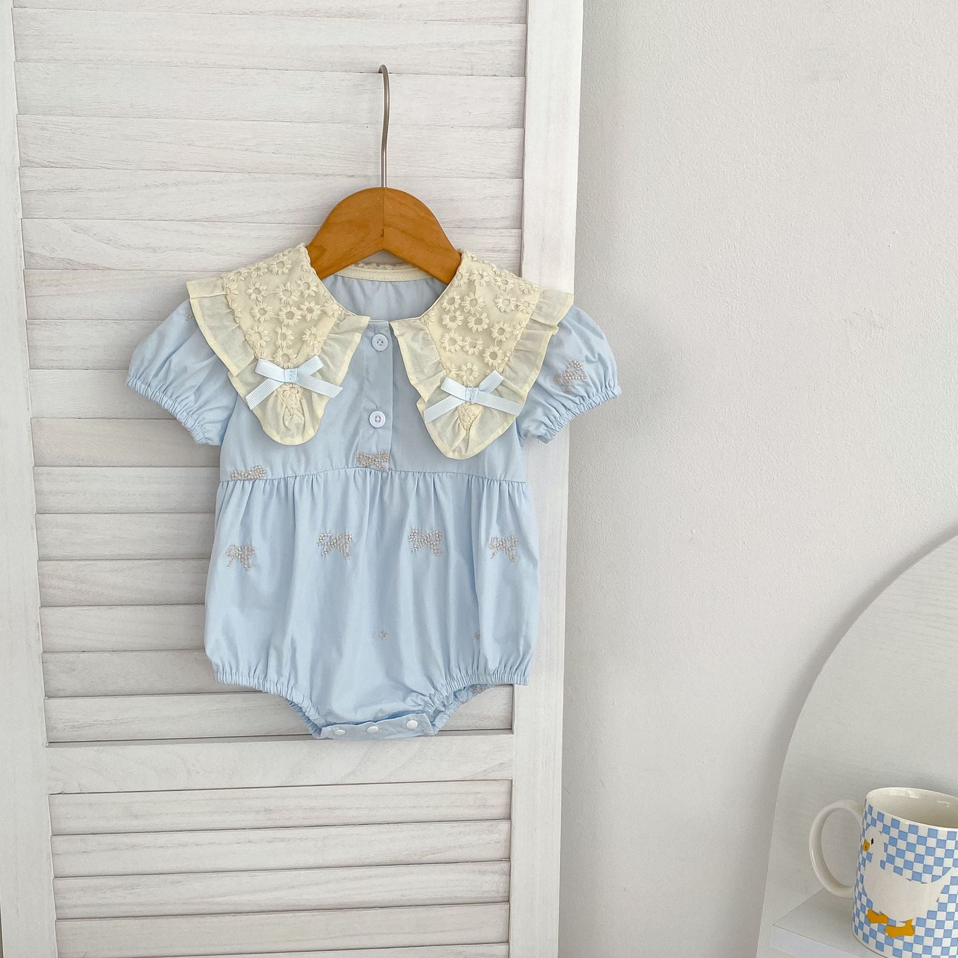 Summer Baby Girls French-style Butterfly-Bows Embroidery Pattern Short Sleeves Onesies, MyKids-USA®, Baby One-Pieces, MyKids-USA - Size/Age - 66 (3-6M) - Color - Blue -  -  - TR2503242205-A