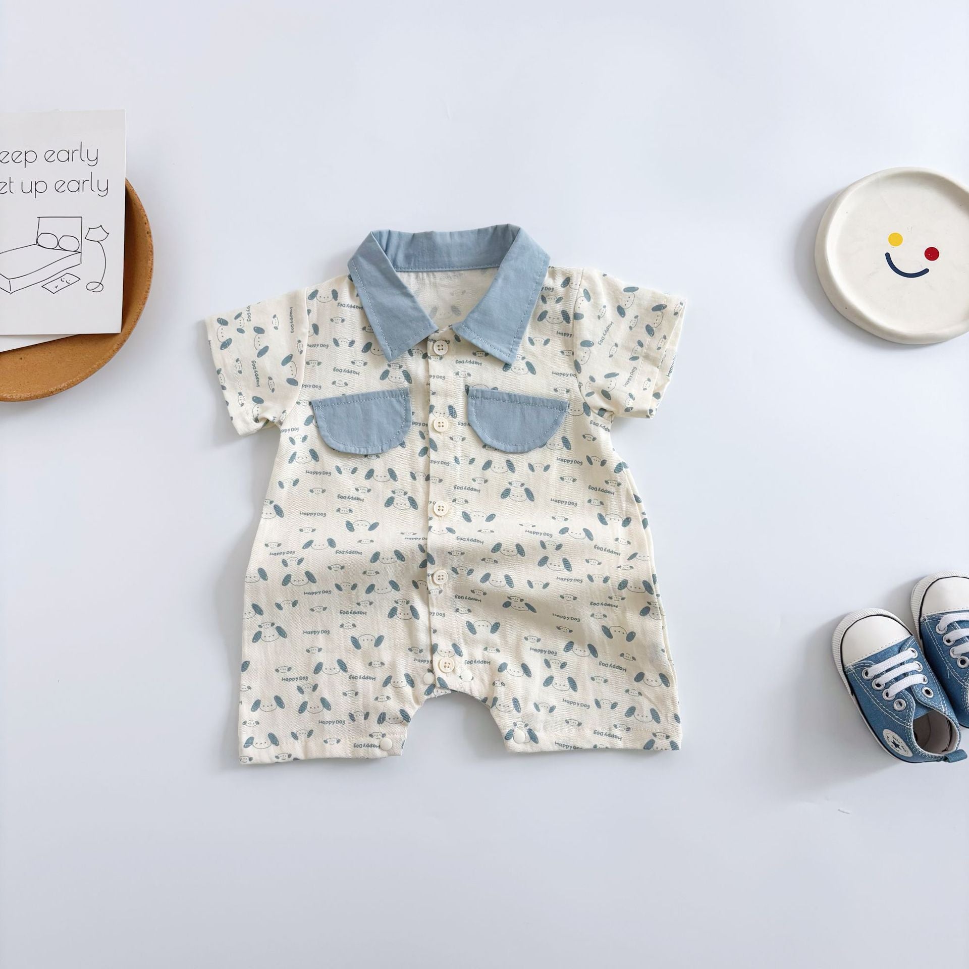 Summer Arrival Baby Boys Cartoon and Letters Pattern Short Sleeves Rompers with Turn-down Collar, MyKids-USA®, Baby One-Pieces, MyKids-USA - Size/Age - 66 (3-6M) - Color - Blue -  -  - TR2505312117-A