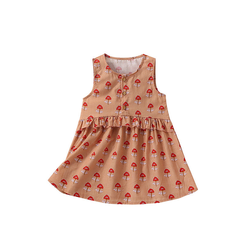 Summer Arrival Flowers Pattern Sleeveless Crew Neck Dress for Stylish Girls, MyKids-USA®, Baby & Toddler Dresses, MyKids-USA - Size/Age - 100 (2-3Y) - Color - Brown -  -  - TR2505112104-A