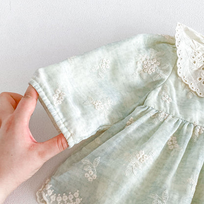 MyKids-USA® Autumn Arrival Baby Girls Long Sleeves Light Green Flowers Embroidered Bodysuit