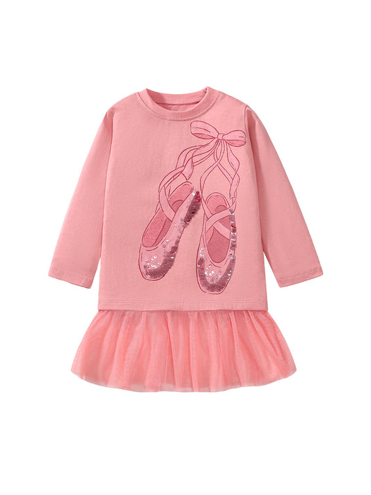 Girls’ Cartoon Dancing Shoes Long Sleeves T-Shirt Dress In European And American Style For Autumn, MyKids-USA®, Baby & Toddler Dresses, MyKids-USA - Size/Age - 90 (12-24M) - Color - Red -  -  - TR2407281501-A