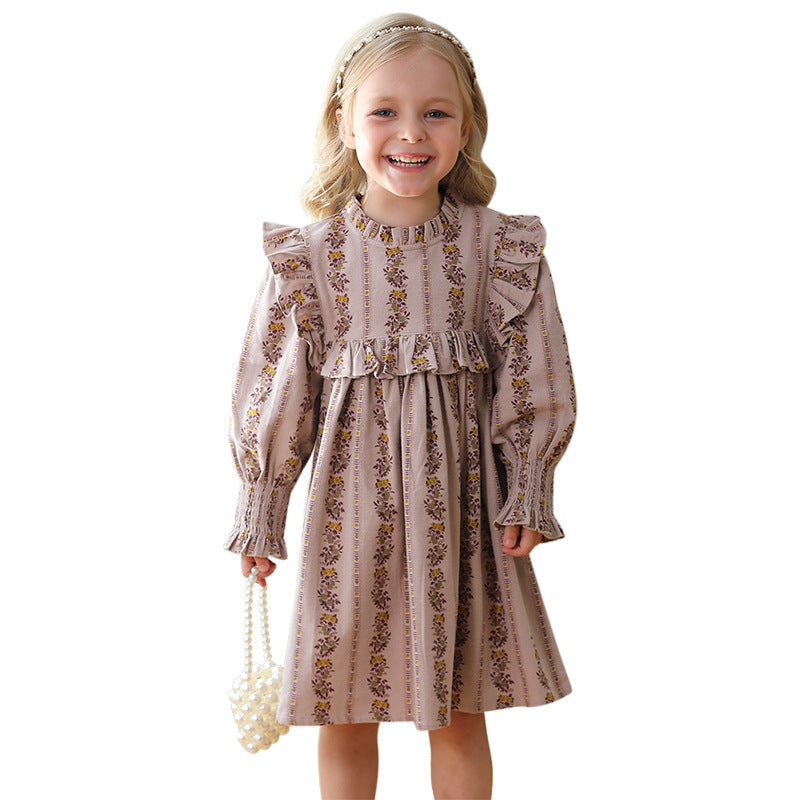 Spring and Autumn French Print Ruffle Stand Collar Long-sleeved Dress for Stylish Girls, MyKids-USA®, Baby & Toddler Dresses, MyKids-USA -  -  -  -  -  -  - 