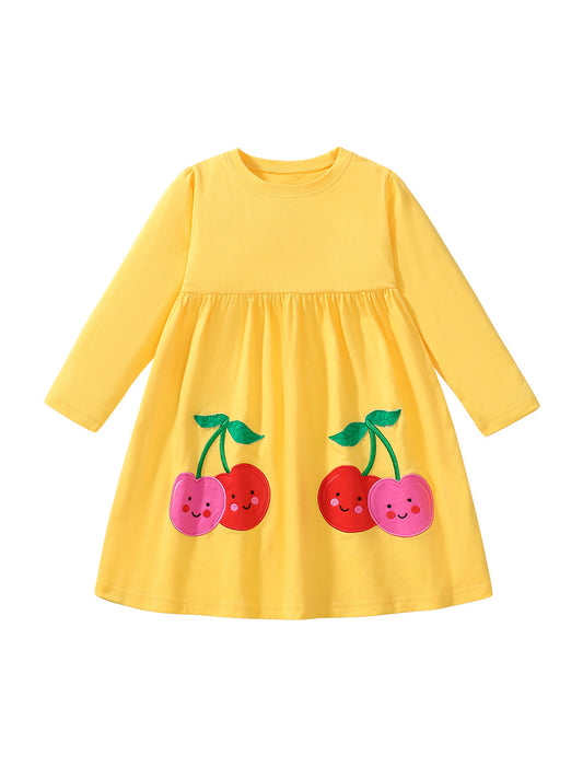 Best Selling Cheap Autumn Girls Cartoon Cherry Pattern Crew Neck Long Sleeves Yellow Dress, MyKids-USA®, Baby & Toddler Dresses, MyKids-USA - Size/Age - 90 (12-24M) - Color - Yellow -  -  - TR2407131156-A