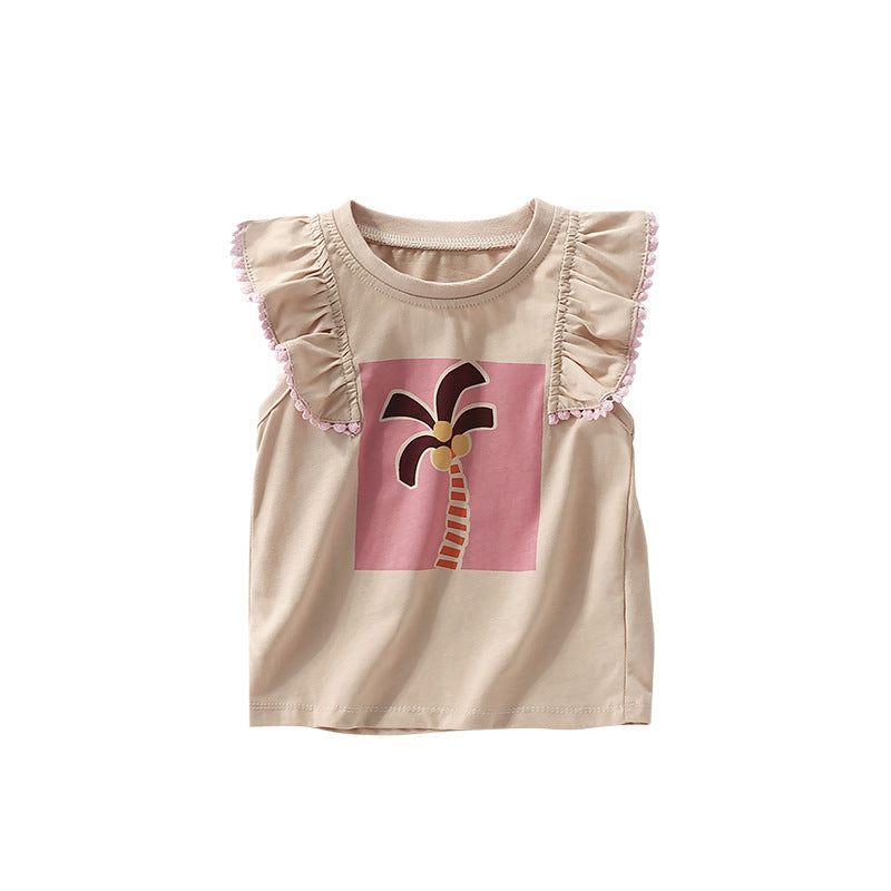 Summer Arrival Girls’ Palm Tree Cartoon Pattern Fly Sleeves T-shirt in European and American Style, MyKids-USA®, Baby & Toddler Tops, MyKids-USA - Size/Age - 100 (2-3Y) - Color - Light Pink -  -  - TR2506172037-A