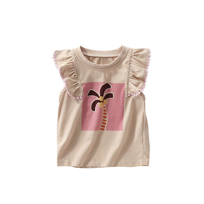 Summer Arrival Girls’ Palm Tree Cartoon Pattern Fly Sleeves T-shirt in European and American Style, MyKids-USA®, Baby & Toddler Tops, MyKids-USA - Size/Age - 100 (2-3Y) - Color - Light Pink -  -  - TR2506172037-A