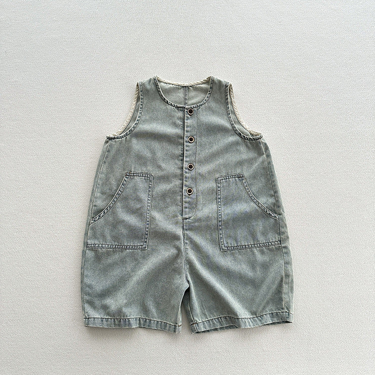 Summer Unisex Baby Denim Sleeveless Half Open-Front Overalls Romper, MyKids-USA®, Baby One-Pieces, MyKids-USA - Size/Age - 80 (9-12M) - Color - Blue -  -  - TR2406221430-A