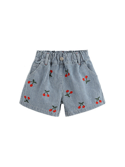 Arrival Summer Girls Cherry and Striped Pattern Denim Shorts