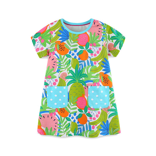 Summer New Arrival Girls’ Tropical Fruits Pattern Print Short Sleeves Dress