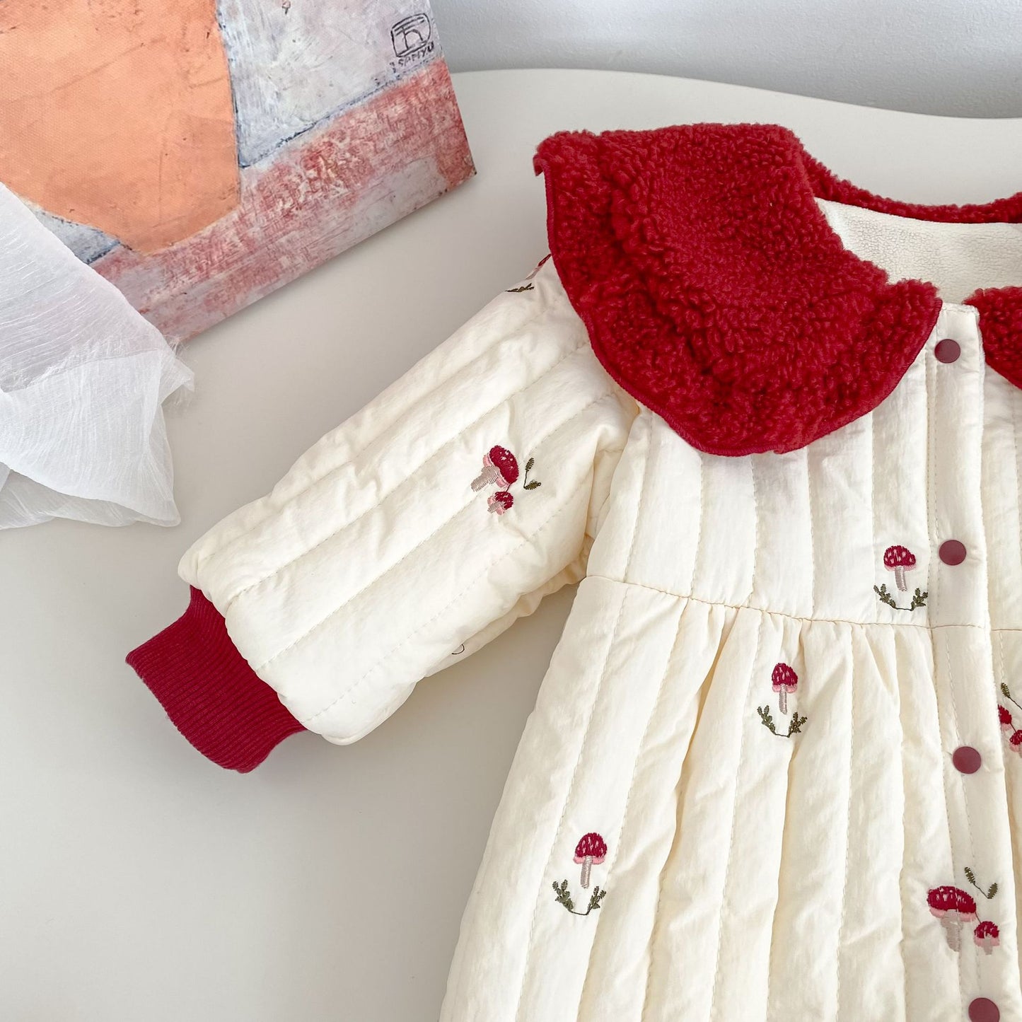 Winter Arrival Baby Girls Long Sleeves Mushrooms Pattern Embroidered Fleece-Lined Warm Rompers, MyKids-USA®, Baby One-Pieces, MyKids-USA -  -  -  -  -  -  - 