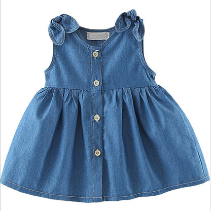 Baby Girl Solid Blue Denim Dress In Summer