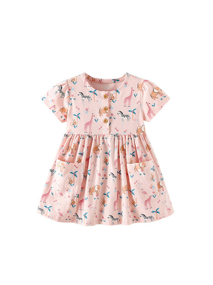 Summer Baby Kids Girls Short Sleeves Animals Cartoon Pattern Dress