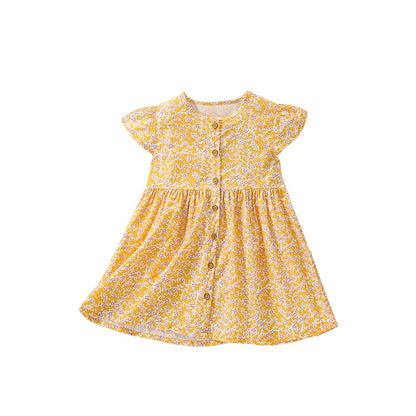 Summer Arrival Flowers Pattern Short Sleeves Single Breasted Dress for Stylish Girls, MyKids-USA®, Baby & Toddler Dresses, MyKids-USA - Size/Age - 100 (2-3Y) - Color - Yellow -  -  - TR2505101946-A